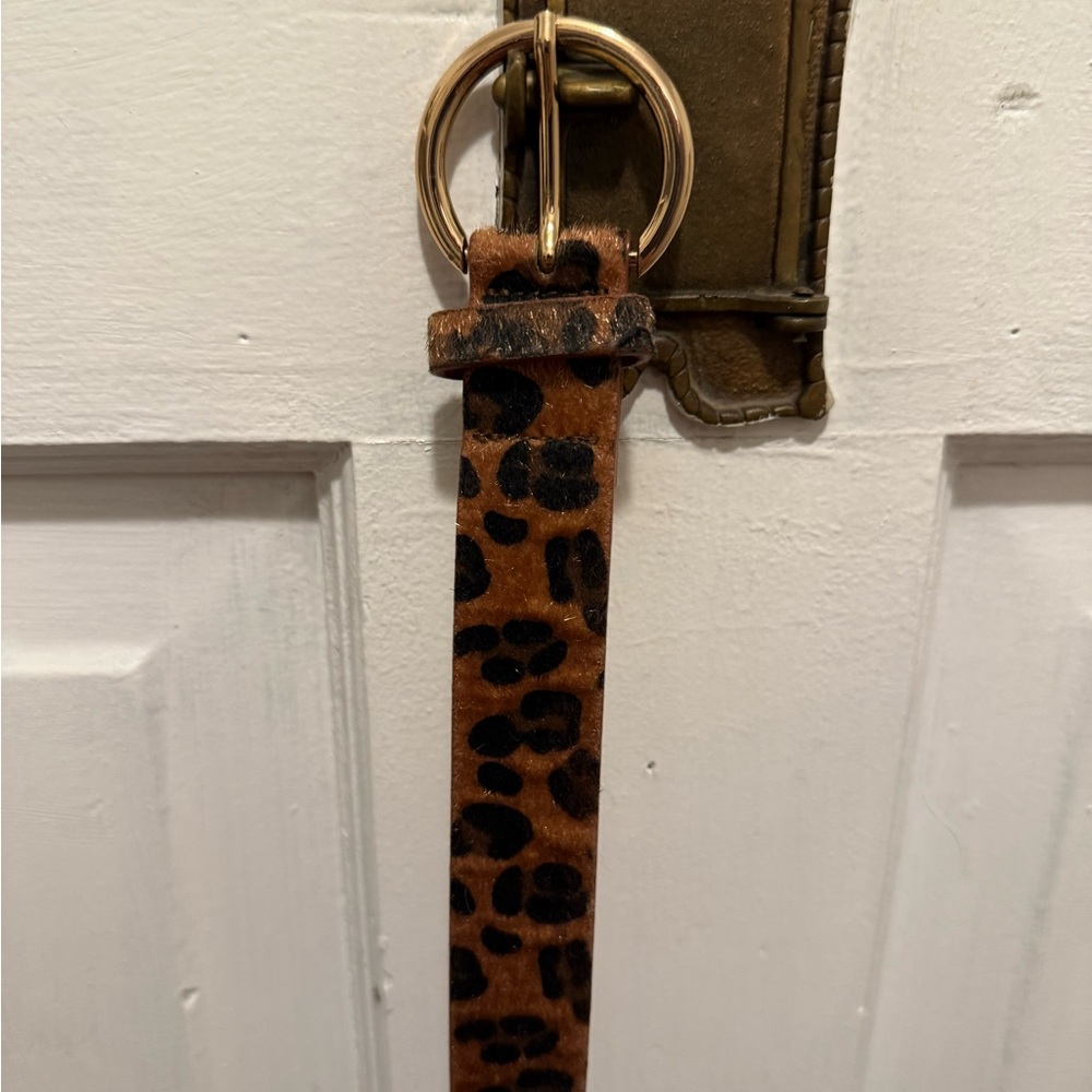 Leopard Print Vegan Cowlick Leather Belt with Gold Buckle